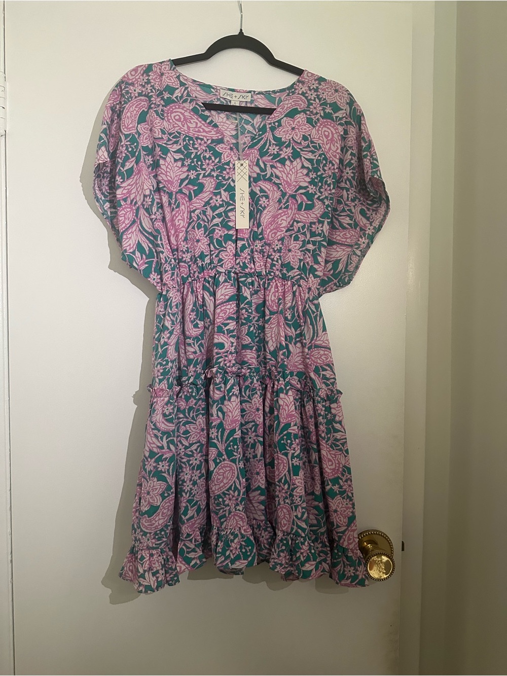 She + Sky Pink Floral Tiered Dress on Teal